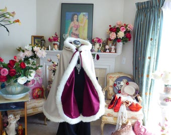 Mirror Mirror Bridal Cape Burgundy Satin / Champagne Satin 37-inch wedding cloak Reversible Hooded with fur trim Handmade in USA