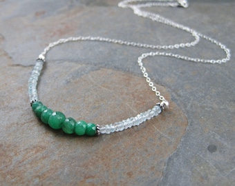 Genuine Emerald and Aquamarine Necklace - Thin Gemstone Chain Choker - Sterling Silver Choker