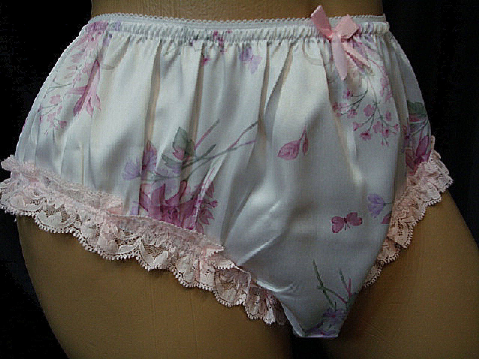 Printed Satin Handmade Sissy Ruffle BRIEF STYLE Panties w Leg Lace S-2XL