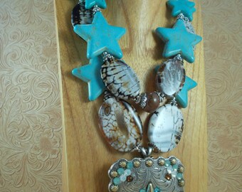 Cowgirl Necklace Set - Chunky Turquoise Howlite and Brown Fire Agate - Star Concho Pendant