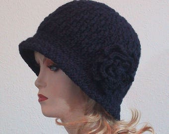 Navy Cloche Hat with Flower - Ladies Sizes - *Choose Size* - Hand Crocheted - Soft Acrylic Yarn - Navy Blue color - Handmade