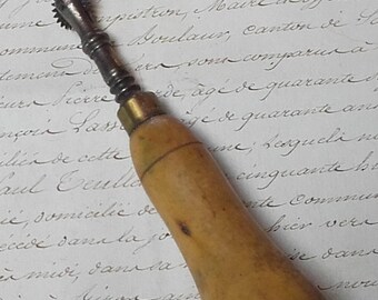 Antique Vintage French embroidery Pattern transfer perforator tool Wooden Handled Brass Wheel