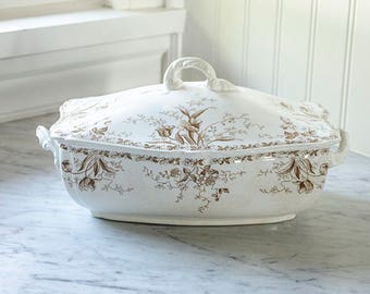 Antique English Ironstone Tureen, Brown Transferware, Alfred Meakin