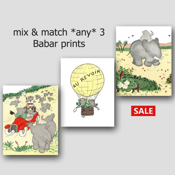 Babar the Elephant Prints Nursery Art Baby Wall Decor Mix