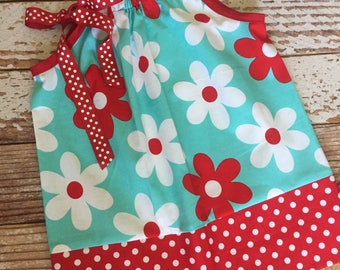 Pillowcase Dress - Toddler Dress - Sun Dress - Jumper - Red and Turquoise Flowers and Polka Dots - READY TO SHIP - 2T