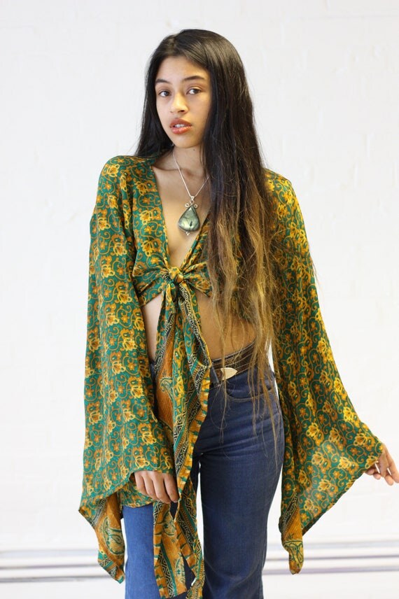 SILK CROP TOP - Bell sleeve crop top- Silk Tie Top- Vintage- Festival Top- Retro- 70s- Crop Top- Kimono- Paisley top- 100% Silk- Couture