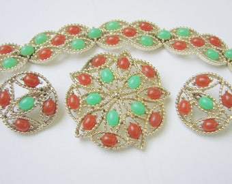 Vintage 1960s Sarah Coventry Acapulco Parure / Bracelet / Brooch / Earrings / Faux Carnelian / Faux Jade / Jewelry / Jewellery
