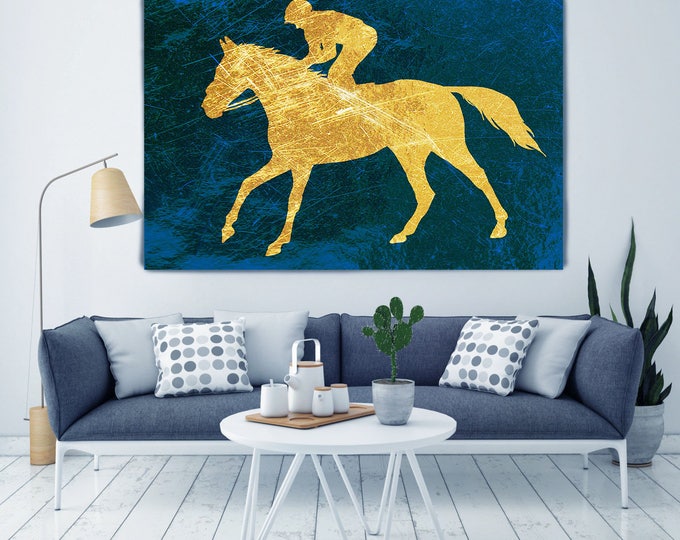Jockey 2. Extra Large Gold Blue Horse Canvas Art Print, Blue Gold Rustic Horse, Large Contemporary Canvas Art Print up to 72" by Irena Orlov