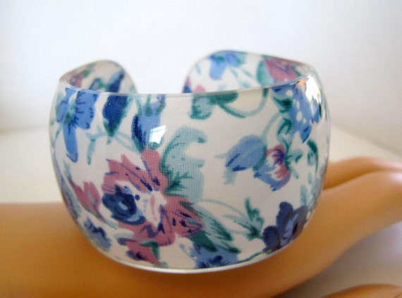 Blue Floral Bangle - Wide Plastic Cuff Bracelet - Lovely Flowered Bracelet