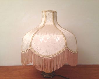 Vintage Fabric / Vinyl Backed Narrow Top BELL LAMP SHADE w Fringe Champagne/Beige
