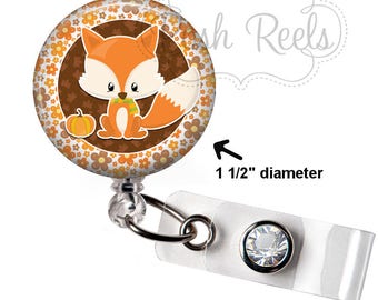 Fox Badge Holder - Cute Fox Badge Reel - Fall Badge Reel - Autumn Thanksgiving Badge Reel, Stethoscope ID Tag, Carabiner or Lanyard - 1664