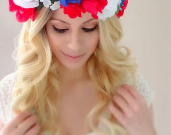 Red White and Blue Flower Crown, Floral Crown, Flower Headband, Fourth of July Flower Crown, Patriotic Headband, 4th Of July