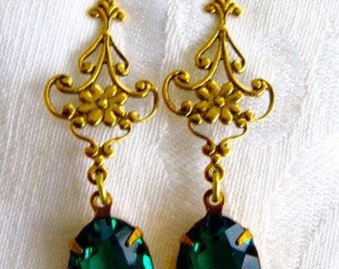 Art Nouveau Earrings, Emerald Green Czech Stones, Drop Pierced Earrings, Holiday Jewelry, March Birthstone