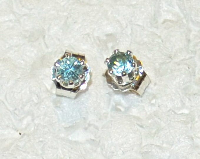 Blue Zircon Studs, Petite 3mm Round, Natural, Set in Sterling Silver E1089