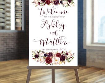 Printable Wedding Sign, Marsala Welcome Wedding Sign, Burgundy Wedding Sign, Autumn wedding Sign, Red Wedding Sign, Boho Wedding Sign Carry