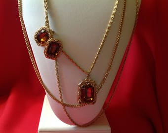 Vintage Extra Long Necklace & Earring Set-Amber Color
