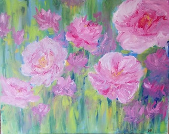 Pink Peony Garden original acrylic painting 24×30