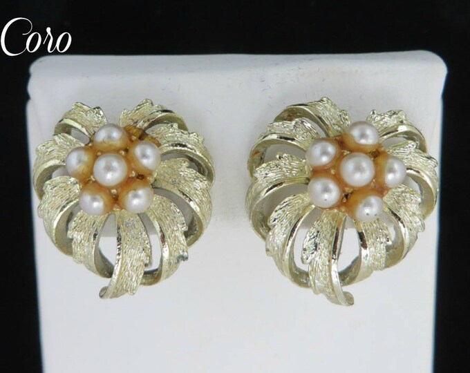 Coro Faux Pearl Earrings, Vintage Champagne Gold Screw Back Earrings, Bridal Jewelry, Gift for Her