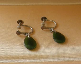 Vintage Art Deco Style Sterling Silver & Jade Screw Back Earrings Hallmarked