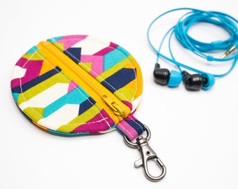 Colorful Earbud Case, Earbud Pouch, Headphone Organizer, Headphone Holder, Earphone Organizer, Circle Pouch, Stocking Stuffer Gift for Her