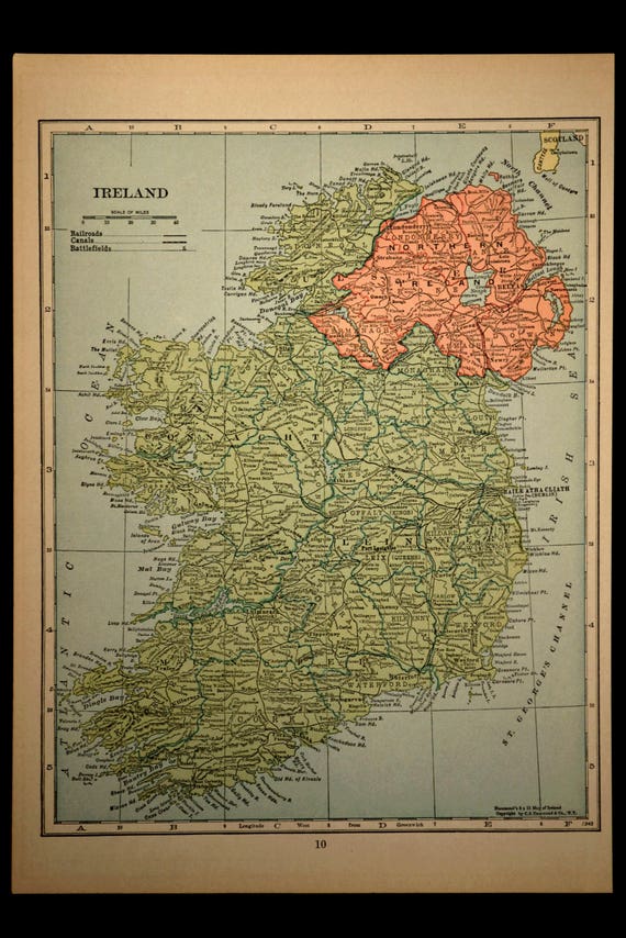 Ireland Map Vintage Colorful Green Original 1930s 1939