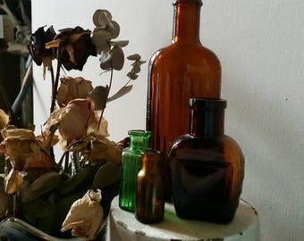 Antique bottles ~ group of small antique apothecary bottles in various sizes/colours, chemist, vases, curiosities