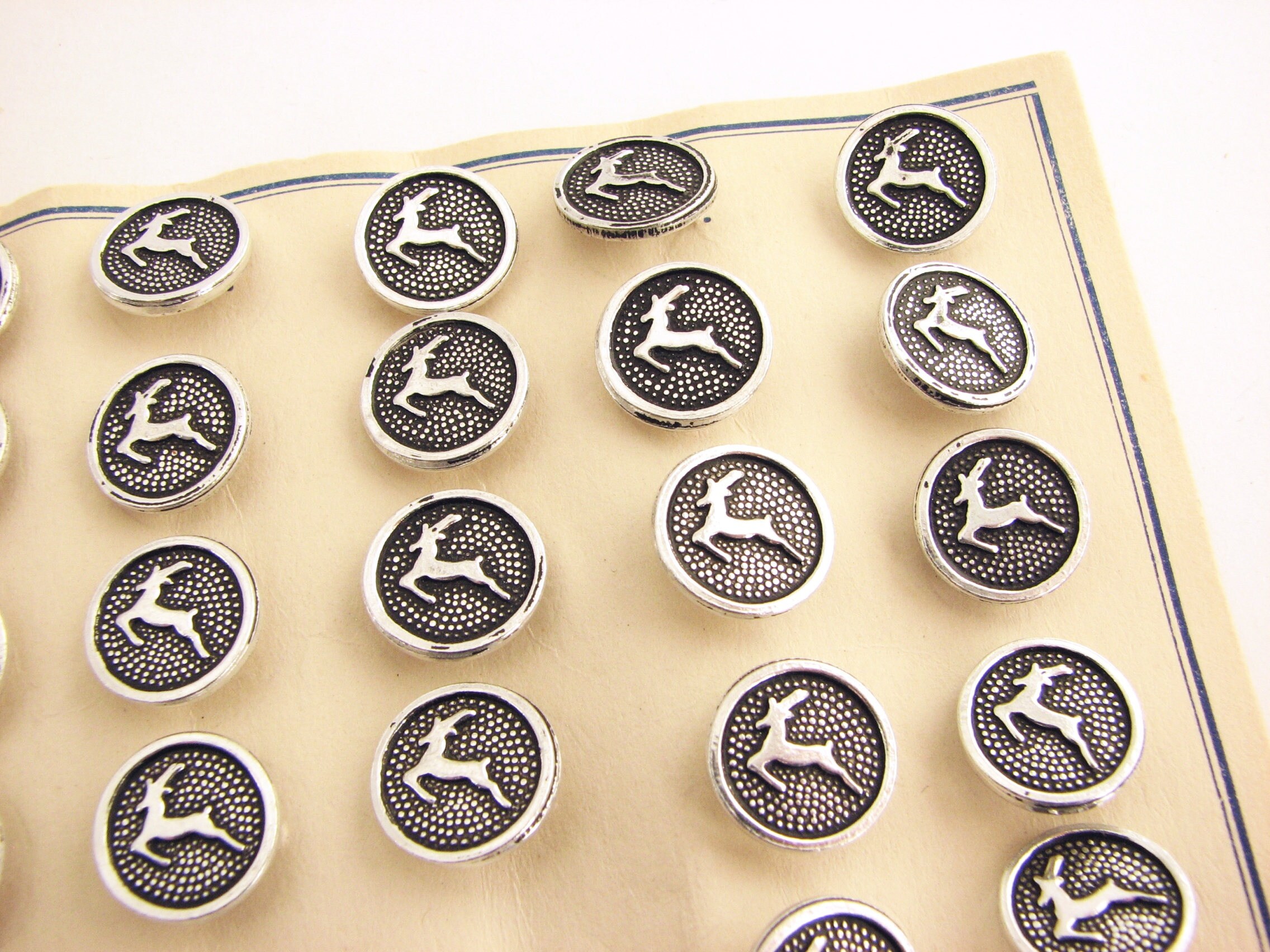 Little metal deer buttons set of 28, 12 mm across buttons, unused from AgnesVintageButtons on