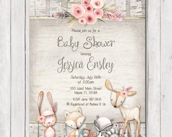 Woodland Baby Shower Invitation, Rustic Forest Baby Shower Invitation, Girl Invite, Wood, Deer, Flowers Invitation, Printable Invitation 5x7
