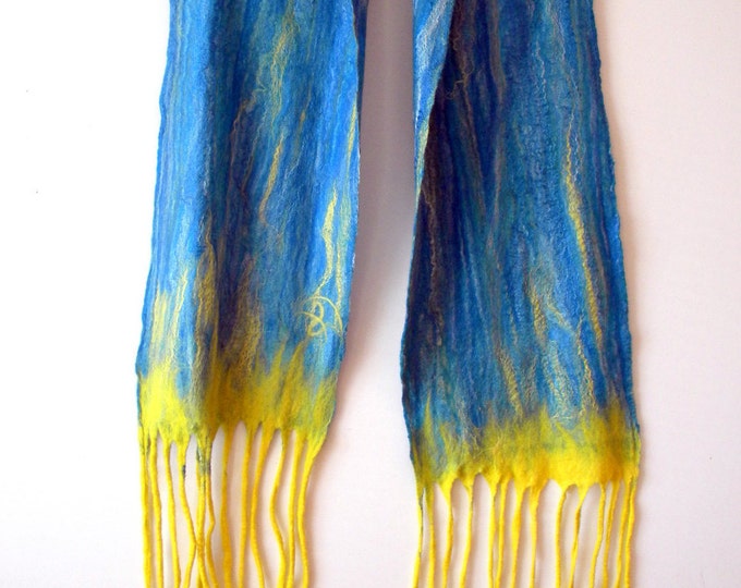 Winter scarf Gifts for wives Christmas gift ideas boho chic Blue yellow wool felted scarf with tassels Long Unisex scarves gift best friend