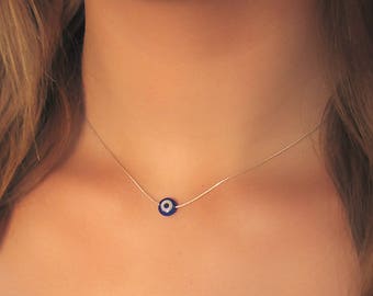 Silver Evil Eye Necklace , 925 Silver Necklace , Blue Evil Eye Necklace , Bridesmaid Gift , Delicate Necklace , Layering Necklace ,