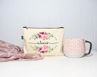 Best Friend Gift, Makeup Case, Personalized Makeup Bag, Personalized Gift, Makeup, Makeup Bag, Cosmetic Bag, Canvas Bag, Floral Monogram Bag