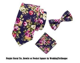 Purple Pink Tie Wedding Tie Floral Tie Pocket Square Cotton Flower Groomsman Wedding Necktie Regular 3.1 Inch Groomsmen Pretied Bowtie