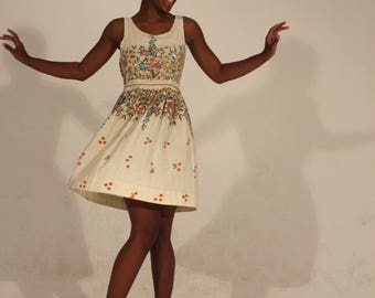 70s Dress Floral Dress White Vintage Dress Sleeveless Dress Summer Dress Fit and Flare Short Dress White Dress Boho Dress Bohemian Dress