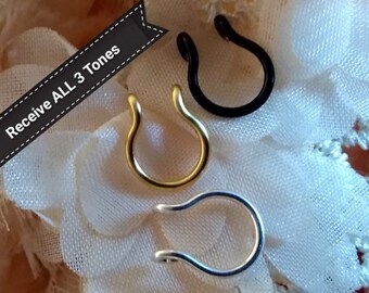 3 x "16 gauge" Fake, Septum rings. Thick Wire. Comes with 3 Colour-Tones - Black, Silver, & Gold Tones. Excellent Gift idea