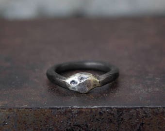 Round sterling silver band ring with a rough signet. Oxidized or natural band. Hand crafted.