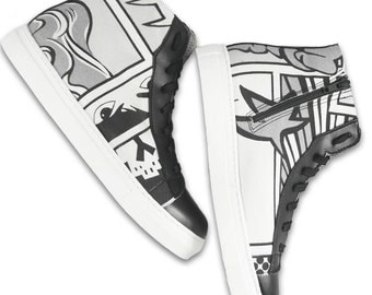 Comics Sneakers - Black and White - Canvas and MIcorfibre