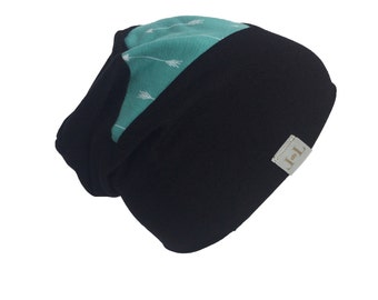 Beanie hat, bambou, slouchy hat, reversible hat, light beanie hat, black, blue, fall hat, made in Quebec, adult hat, parent kid duo