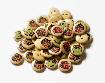 12 Owl Buttons 15mm - Cute Buttons 15mm - Cartoon Bird Button Owls - Cute Animal Buttons - Wooden Buttons Owls - Knitting Buttons UK