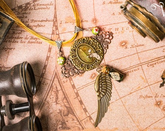 Necklace steampunk bronze cabochon cogs fern natural vial poison wing beads cloisonné - Poison