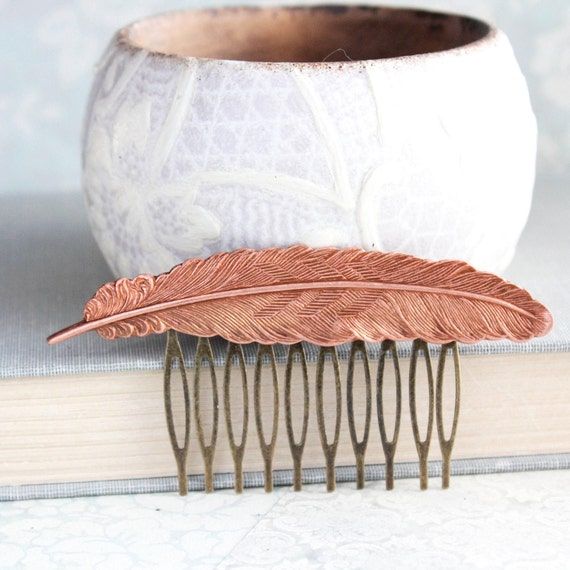 Feather Hair Comb Rose Copper Woodland Wedding Rustic Nature