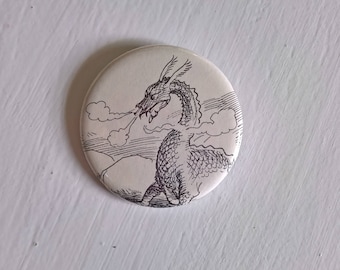 Fierce Dragon Vintage Pinback Button --- Retro Medieval Knight Beast Mythology Style -- Cool Scary Lizard Monster Badge Accessory Pin Brooch