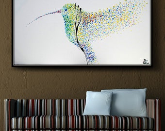 Painting Humming Bird 60" Original oil painting on canvas, Clean Modern looks, Beautiful refreshing colors, Express shipping, Koby Feldmos