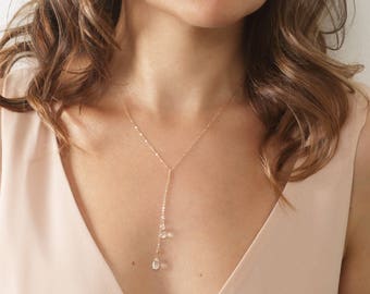 Quartz Gold Necklace, Simple Necklace, Silver Lariat Necklace, Rose Gold Lariat Necklace, Gift, Bridesmaid Necklace/N101
