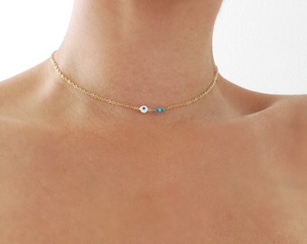 Gold Turquoise Evil Eye Necklace Delicate Gold Necklace Dainty Gold Chain Evil Eye Jewelry Tiny Turquoise Necklace Turquoise Beaded Necklace