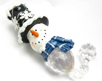 CRYSTAL SNOWMAN Glass Ornament, Vintage 3D Decoration, Blue Winter Scarf & Hat, MINT, Round Prism Suncatcher, Holiday Gift, 3 Petunia Place