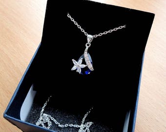 Dark blue necklace navy blue crystal pendant blue jewelry for her cobalt blue flower royal blue jewellery floral jewelry gift for mother