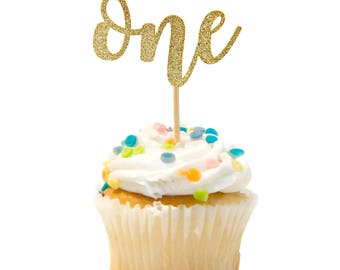 12 CT Glitter One Cupcake Topper Calligraphy One Cursive One Script One First Birthday Pink & Gold Birthday Gold Birthday Cupcake Topper