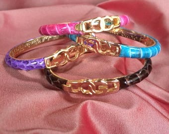 Casino and Gori Firenze Leather School Bangle Bracelets Set of Four Turquoise Hot Pink Lavender and Brown