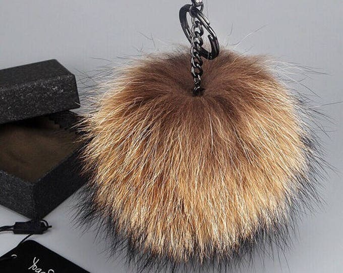 NEW GunMetal™ No Dye Color Raccoon Fur Pom Pom bag charm keychain keyring puff fluffy chain