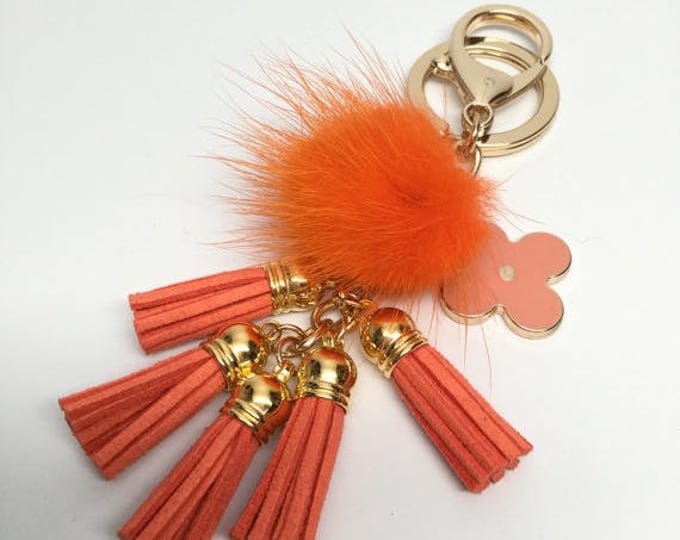 Cute Genuine Mink Fur Pom Pom Keychain with suede tassels and flower charm in Orange